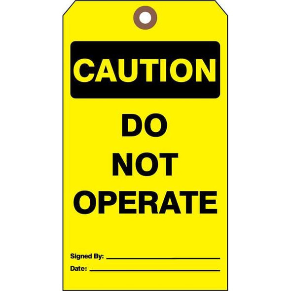 Caution Tag, Caution, Cardstock, 7 in H x 4 in W, Yellow, Rectangle, 25 PK