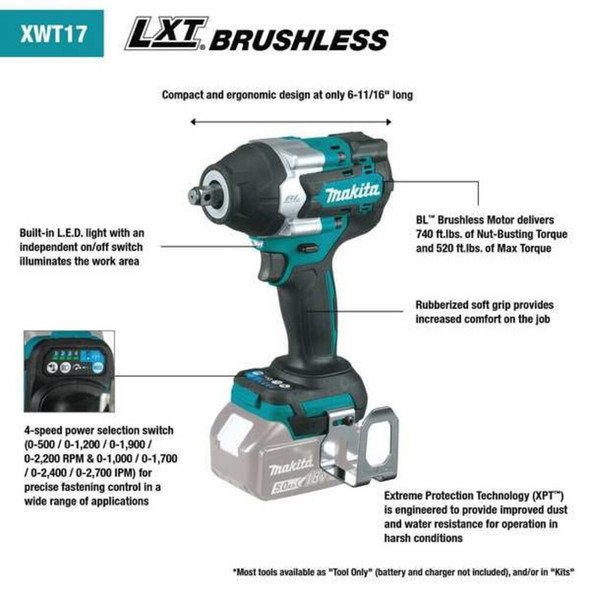 Makita Impact Wrench, 18 V DC, Square XWT17Z
