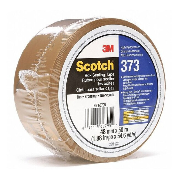 Carton Sealing Tape, 2.5 mil Thick, 2 in W x 50 m L, 3 in Core Dia., Tan
