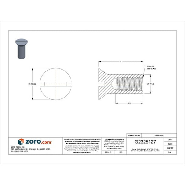 Barrel Bolt, 5-16"-18, 1 in Brl Lg, 7-16 in Brl Dia, Stainless Steel Plain, 5 PK  Z5040