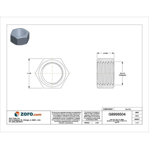 Hex Nut, 3-4"-10, Steel, Grade 5, Zinc Plated, 41-64 in Ht, 250 PK  HNI50750-250T