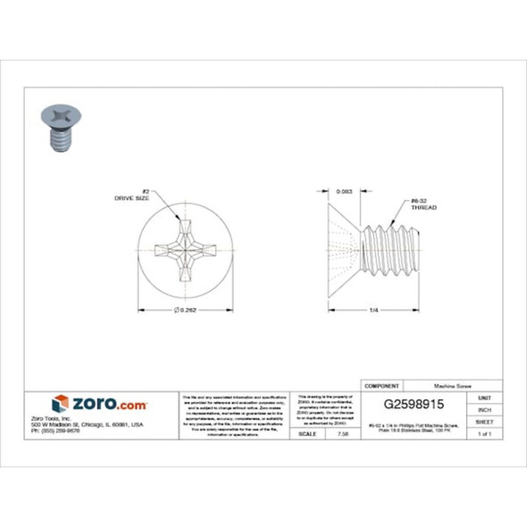 #6-32 x 1-4 in Phillips Flat Machine Screw, Plain 18-8 Stainless Steel, 100 PK  U51300.013.0025