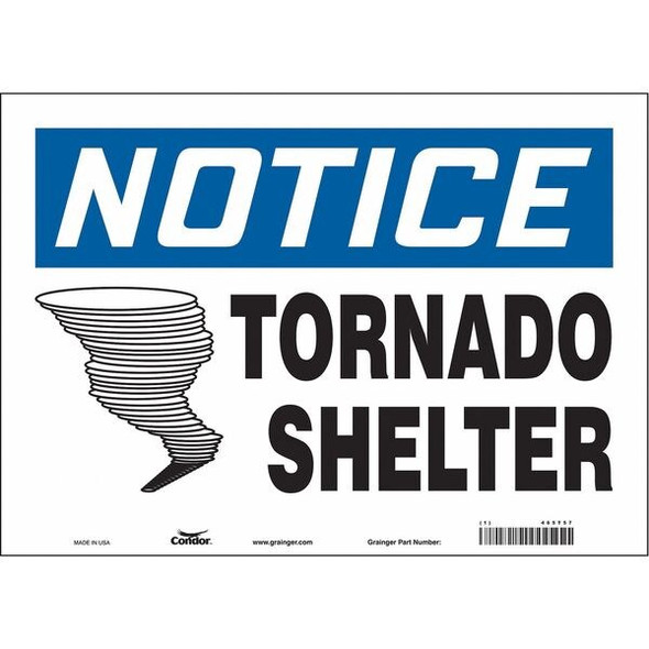 Notice Tornado Shelter, 14 in W x 10 in H, Horizontal Rectangle, Vinyl, 465T57