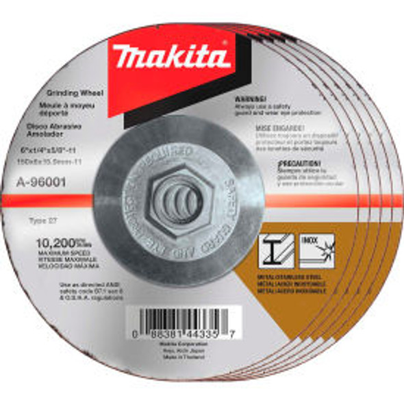 Makita Hubbed INOX Grinding Wheel 36 Grit Type 27 6""Dia x 1/4""T x 5/8-11"" Ctr