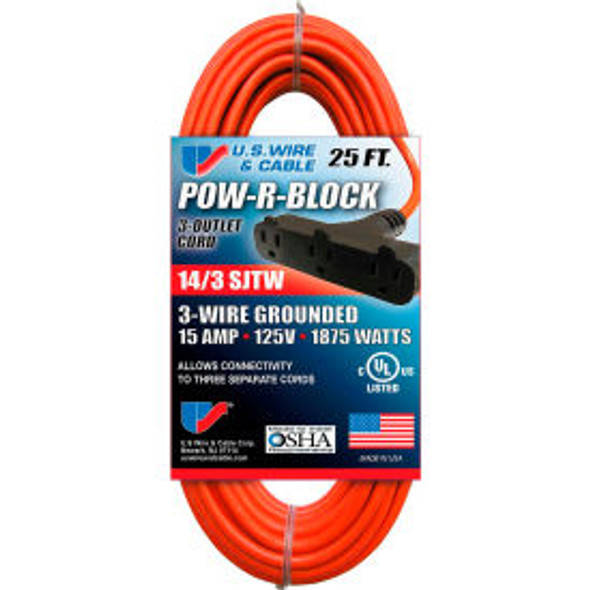 U.S. Wire 62025 25 Ft. Three Conductor Orange Cord W/Pow-R Block 14/3 Ga. SJWT-A