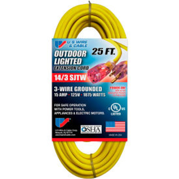 U.S. Wire 73025 25 Ft. Three Conductor Yellow Temp-Flex Lighted Plug Cord 14/3 G