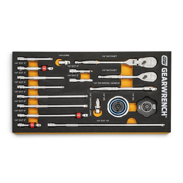 18 Pc. 1/4” Drive 90T Ratchets & 1/4” Drive Tool Accessories Set in EVA Foam Tray 86520