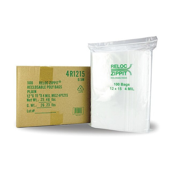 Reclosable Bag, Zip Seal, 15 in L, 12 in W, 4 mil Thick, Polyethylene, Clear