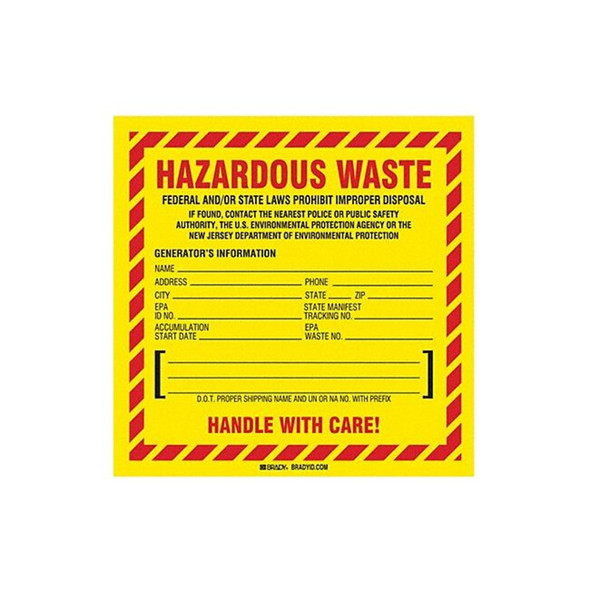 Brady DOT Handling Label, 6" H, 6" W, 121144,PK100 121144