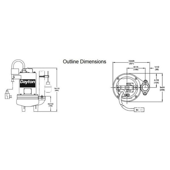 Dayton 2 HP 2" Auto Submersible Sewage Pump 230V Tether 3BB91