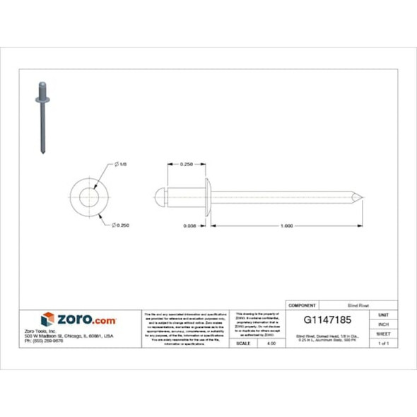Blind Rivet, Dome Head, 1-8 in Dia., 1-4 in L, Aluminum Body, 500 PK  AD42ABS201