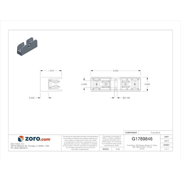 Mersen Open Fuse Block, 0 to 30A Amp Range, 600V AC/DC Volt Rating, 1 Poles, Screw 30311