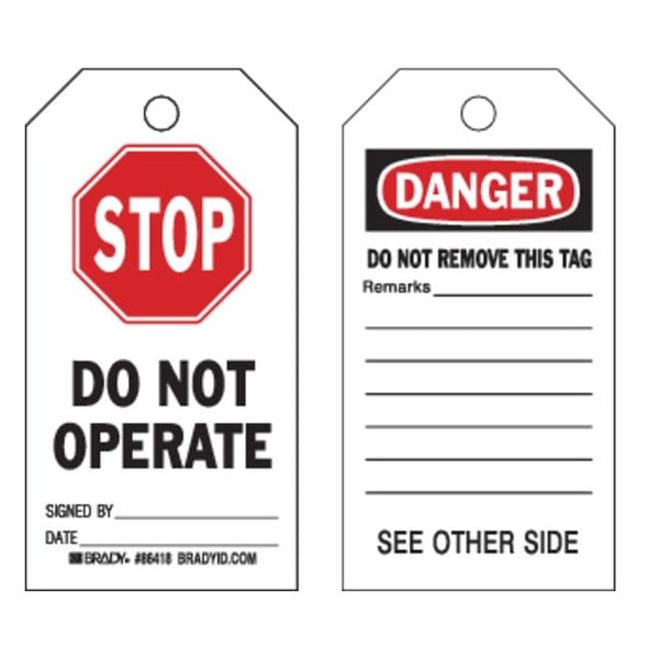 Brady Danger Tag,7 x 4 In,Bk and R/Wht,PK100 86702