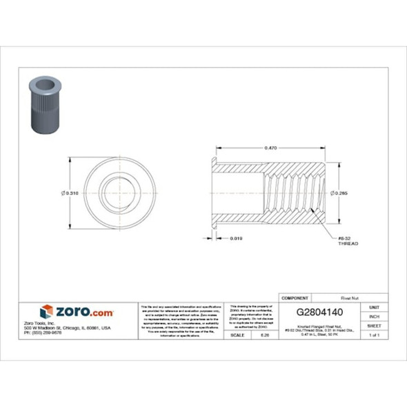 Rivet Nut, #8-32 Thread Size, 0.31 in Flange Dia., 0.47 in L, Steel, 50 PK  CAK2-0832-130-50