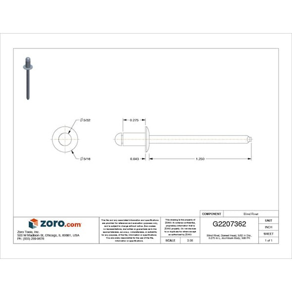 Blind Rivet, Dome Head, 5/32 in Dia., 9/32 in L, Aluminum Body, 500 PK