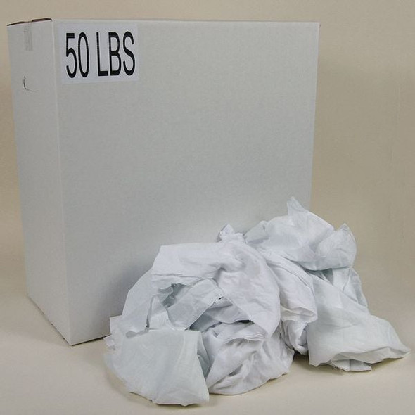 Recycled Cotton Sheeting Cloth Rags, 50 lb Box, Sizes Vary, White