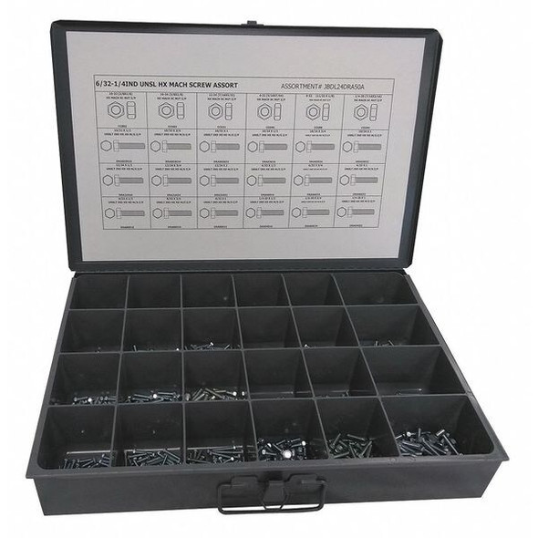 Nut and Screw Assortment, #6-32 to 1/4"-20, Low Carbon Steel, Zinc Plated