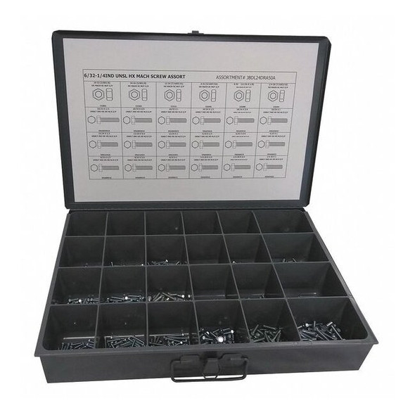 Nut and Screw Assortment, #6-32 to 1/4"-20, Low Carbon Steel, Zinc Plated