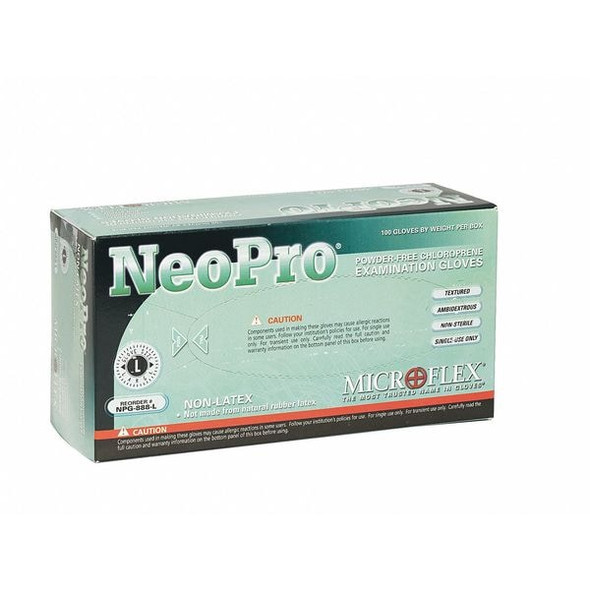 NPG-888, Disposable Gloves, 5.00 to 5.99 mil Palm, Neoprene, Powder-Free, M (8), 100 PK, Green