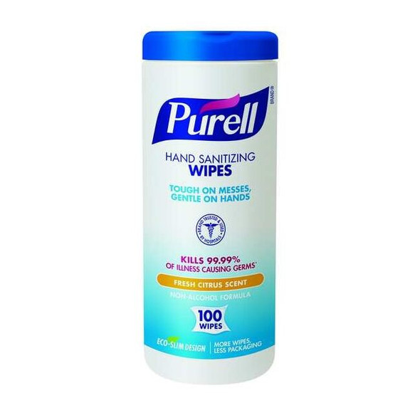 Hand Sanitizer Wipes, Canister, 100 Wipes per Container, Citrus, 12 PK