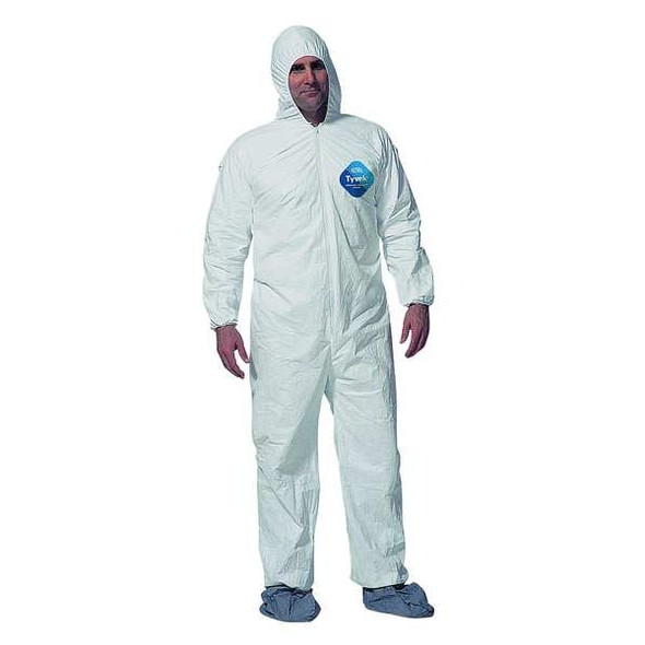 Tyvek 400 Hooded Disposable Coverall, Attached Skid-Resistant Boots, Medium, White, PK25