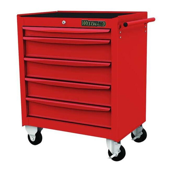 WESTWARD Rolling Tool Cabinet, 5-Drawers, Gloss Red, 29" W x 18" D x 34" H