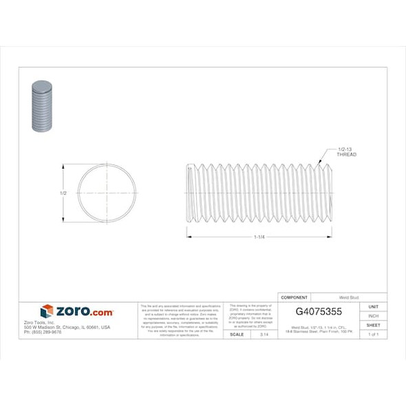 Nelson Stud Welding NELSON 1.25" Drawn Arc Weld Stud,PK100 101-010-363-G100