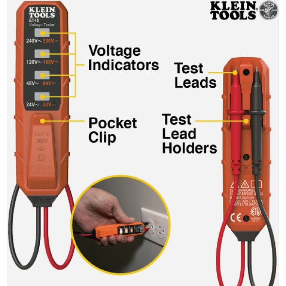 Klein AC-DC Electronic Voltage Tester with Test Leads ET45 514746