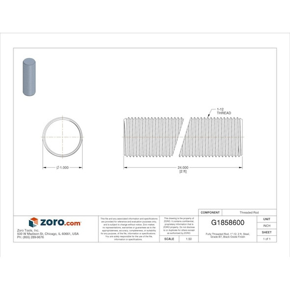 Fully Threaded Rod, 1"-12, 2 ft, Steel, Grade B7, Black Oxide Finish