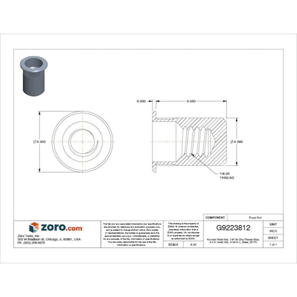 Avk Rivet Nut, 1/4"-20 Thread Size, 0.5 in Flange Dia., 0.58 in L, Steel, 25 PK ALS4T-420-165B