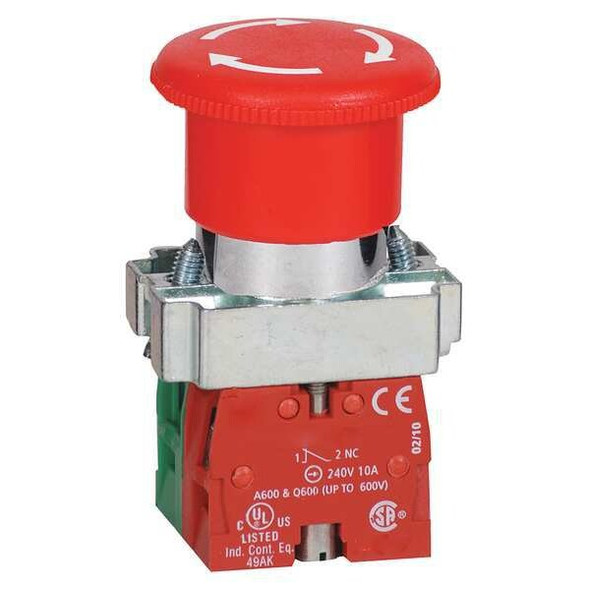 Dayton Emergency Stop Push Button, 22 mm, 1NO/1NC, Red 30G255
