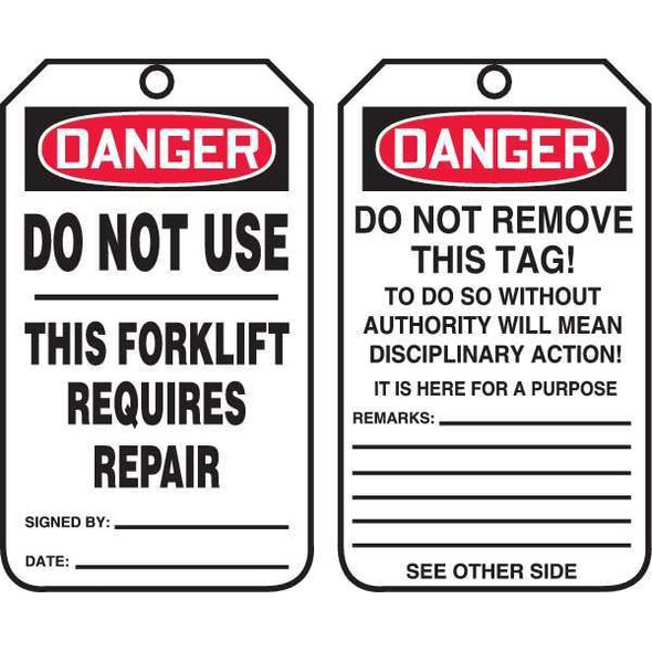 Tag, Forklift, Cardstock, 5 3/4 in H x 3 1/4 in W, Rectangle, 25 PK