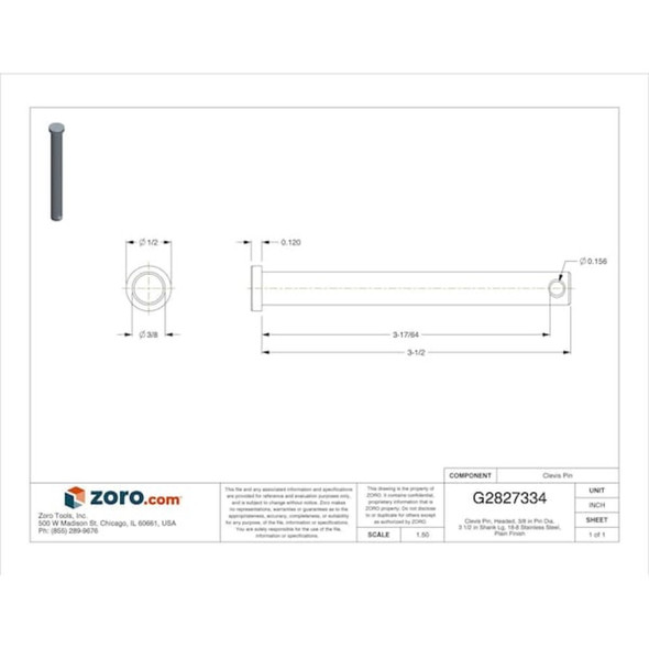 Standard Clevis Pin, 3-8 in Dia, 3-17-64 in Usable Lg, Stainless Steel, 1 PK  WWG-CLPS-145