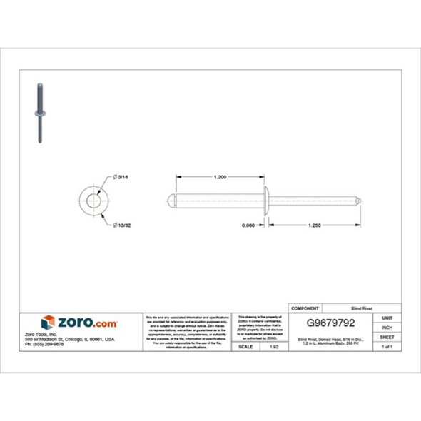 Blind Rivet, Dome Head, 3-16 in Dia., 1-13-64 in L, Aluminum Body, 250 PK  U33190.018.0616