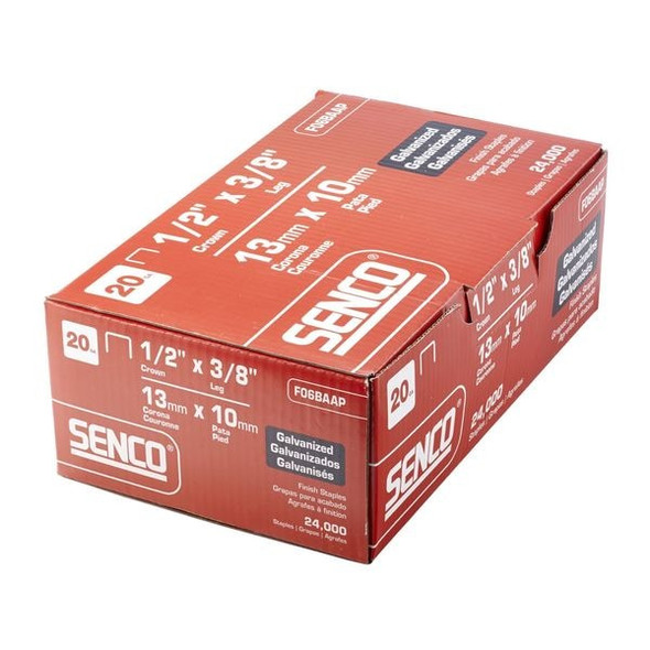 Senco Staples, 20 ga, Standard Crown, 3/8 in Leg L, Steel, 24000 PK F06BAAP