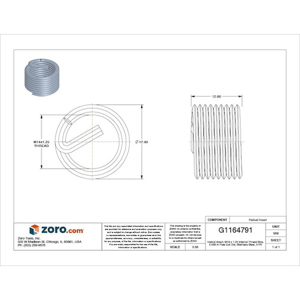 Tanged Helical Insert, Free-Running, M14-1.25 Thrd Sz, 18-8 Stainless Steel, 6 PK
