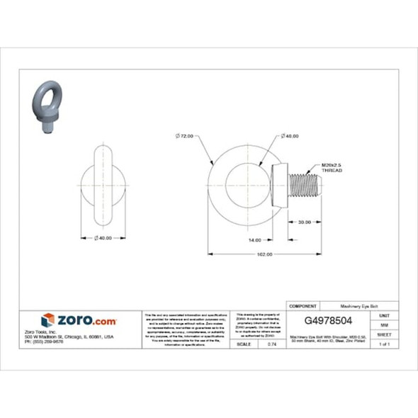Eye Bolt With Shoulder, M20-2.50, 30 mm Shank, 40 mm ID, Steel, Zinc Plated  M16010.200.0001
