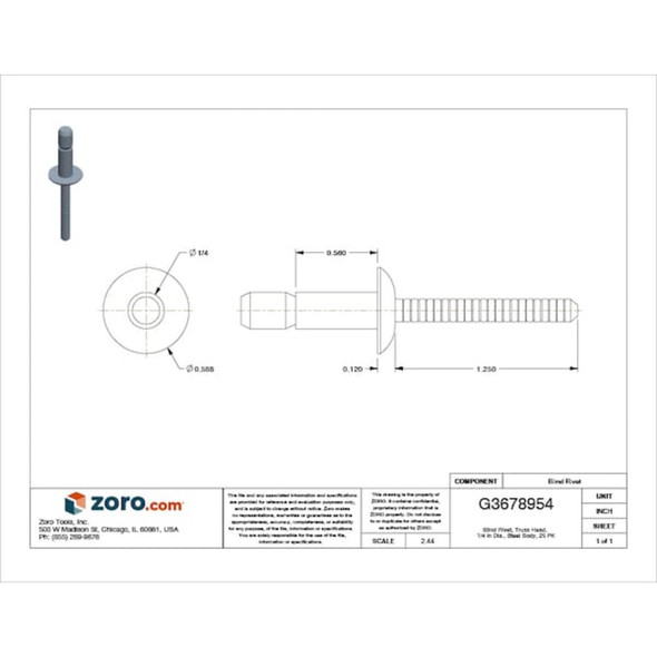 Blind Rivet, Dome Head, 1-4 in Dia., 9-16 in L, Steel Body, 25 PK  MGLT-R8-6-PKT