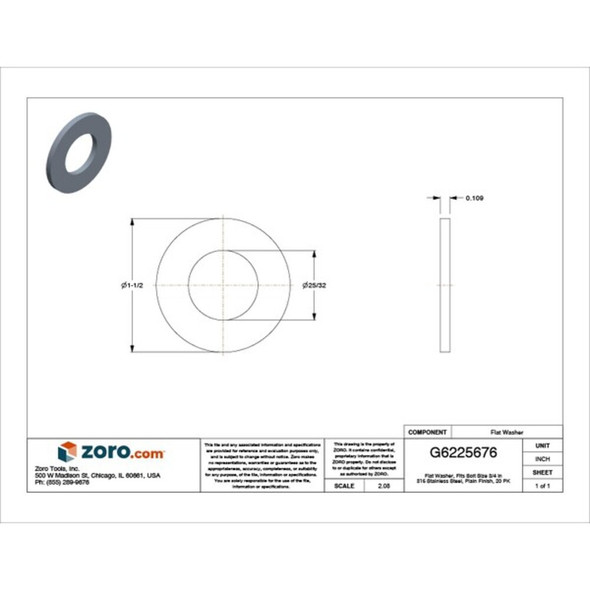 Flat Washer, For Screw Size 3-4" ,Stainless Steel Plain Finish, 20 PK  U55410.075.0001