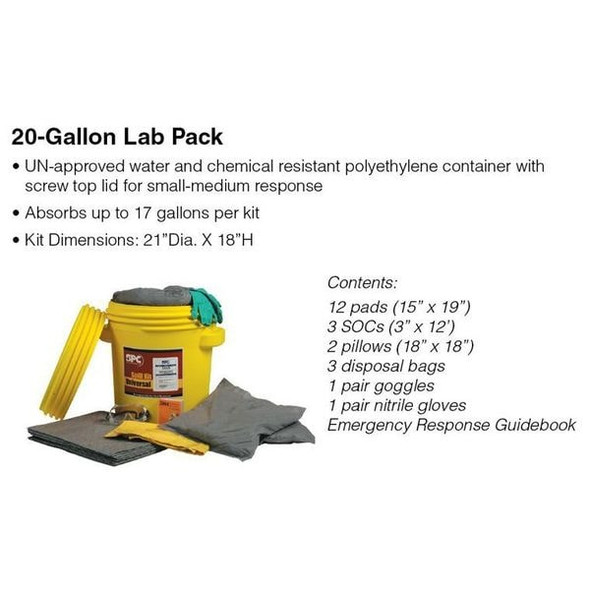 Brady Spill Kit, 16 gal Volume Absorbed per Kit, 20 gal Capacity, Drum, Yellow SKO-20