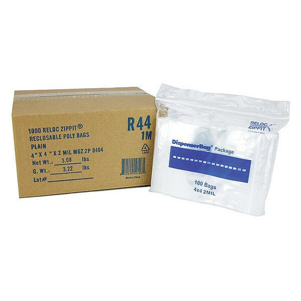 Reclosable Bag, Zip Seal, 4 in L, 4 in W, 2 mil Thick, Polyethylene, Clear