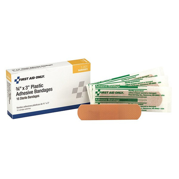 First Aid Only Strip Bandages,3"x3/4",Plastic,PK16 1-001 First Aid Only Strip Bandages,3"x3/4",Plastic,PK16 1-001