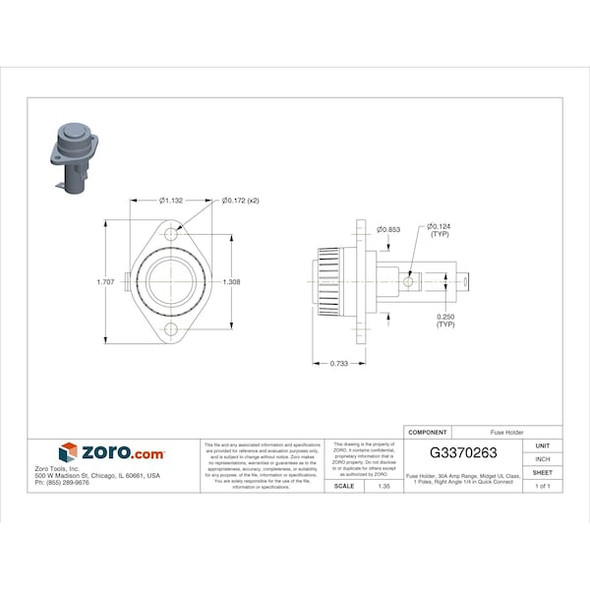 Mersen Fuse Holder, 0 to 30A Amp Range, 600V AC/DC Volt Rating, 1 Poles, Quick Connect GPM-S90