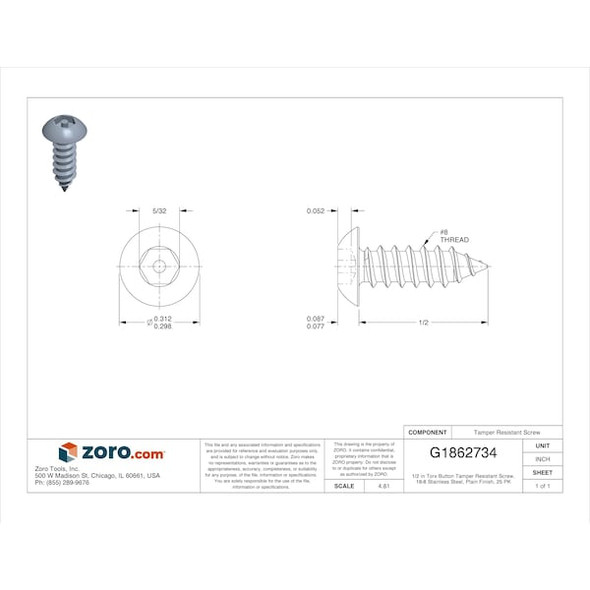 Tamper Resistant Screw, 1/2 in, Plain Finish, 18-8 Stainless Steel, Button Head Torx Drive, 25 PK