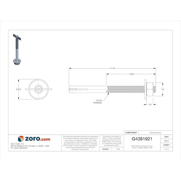 Manufacturer Varies DFS T-Anchor Screw Anchor, 3-1/4"L, Carbon Steel, 4 PK GCPT14314