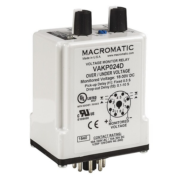 Macromatic Voltage Sensing Relay, Octal Base Type, 24V DC, 8 Pins VAKP024D