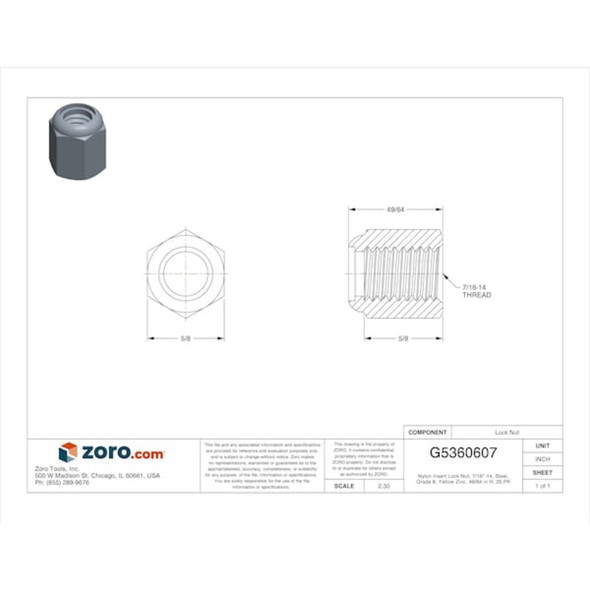Nylon Insert Lock Nut, 7-16"-14, Steel, Grade 8, Yellow Zinc, 49-64 in Ht, 25 PK  U12450.043.0001