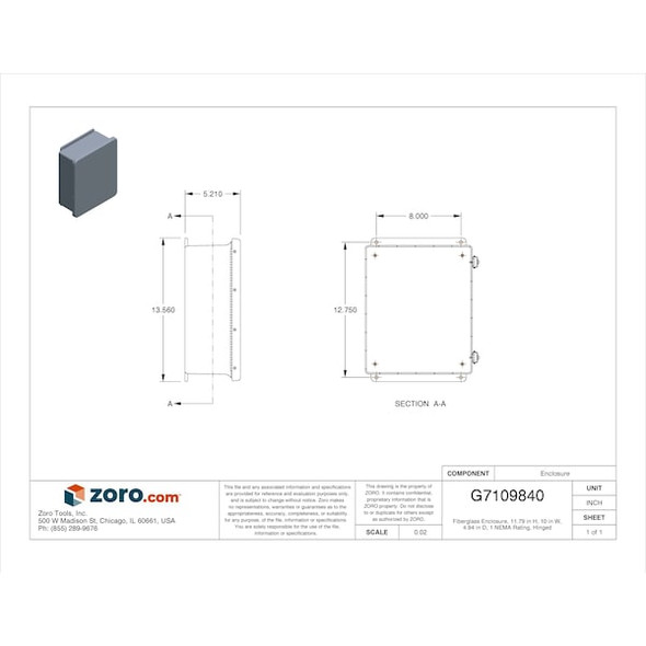 Padlockable Hasp Electrical Enclosures, 11.79 in H, 4.94 in D, 10 in W, 1, Fiberglass