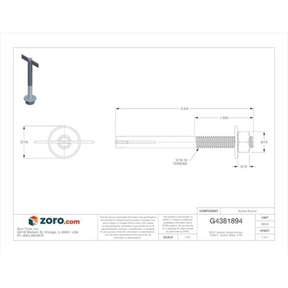 DFS T-Anchor Screw Anchor, 3-3-4"L, Carbon Steel, 4 PK  GCPT56334