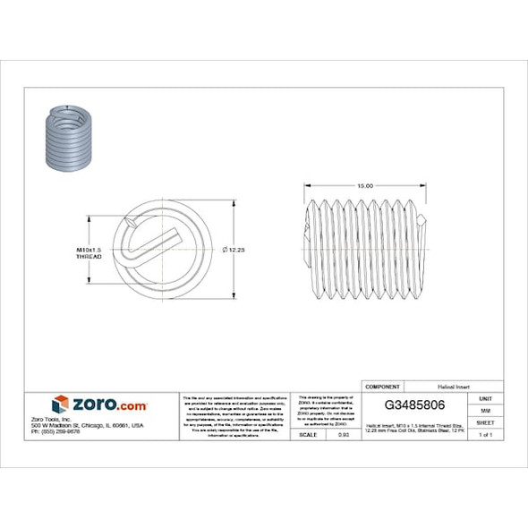 Tanged Helical Insert, Free-Running, M10-1.50 Thrd Sz, 18-8 Stainless Steel, 12 PK